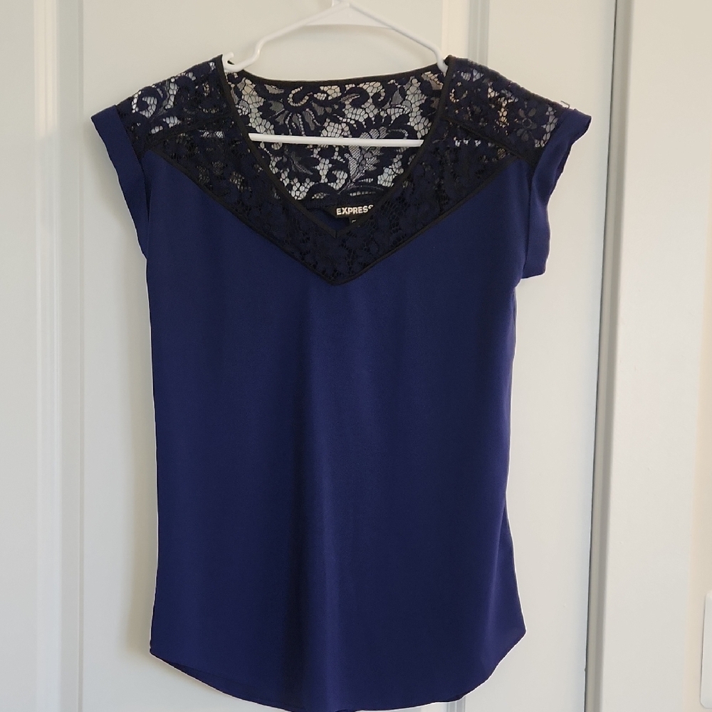 Express Women's Blue Lace Short Sleeve Top Blouse XS
